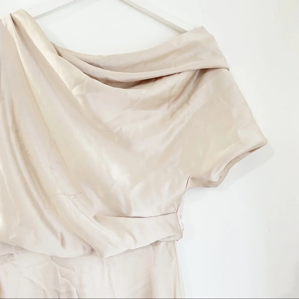 Amsale One Shoulder Satin Dress in champagne - Picture 8 of 13
